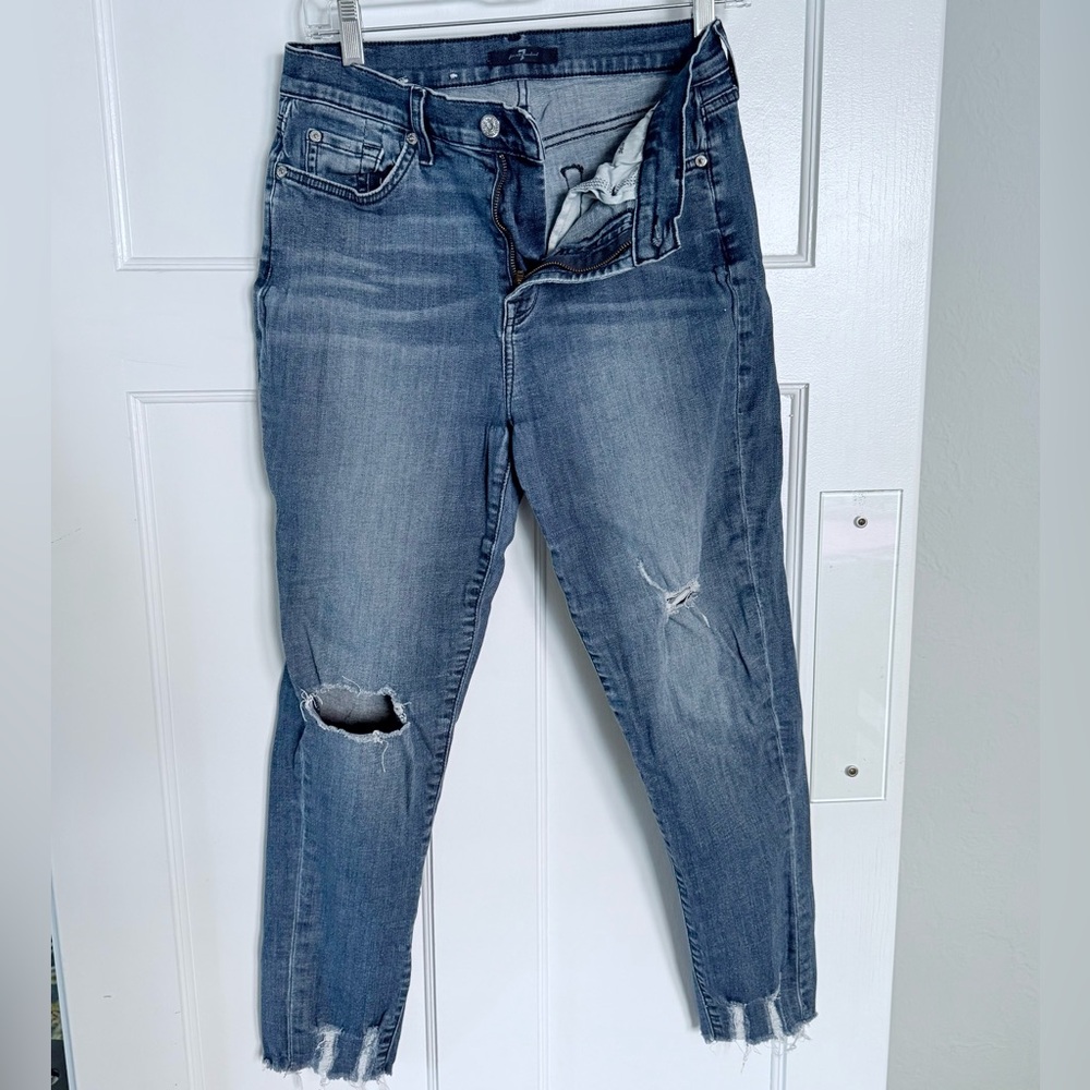 7 For All Mankind Blue Skinny Jeans with Distressed Details